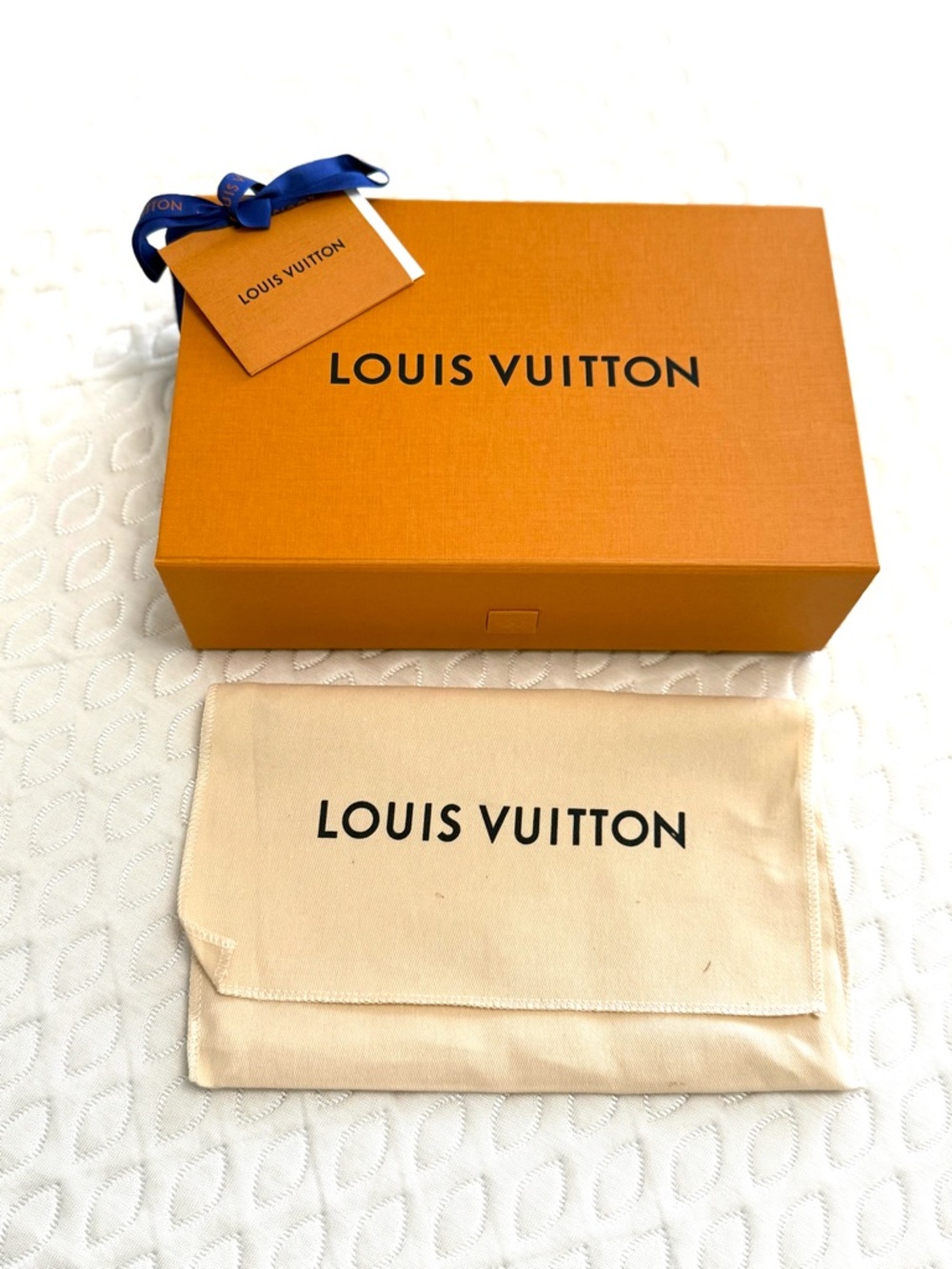 Louis Vuitton Gift Box, Blue Ribbon, Dust Bag, and Gift Card